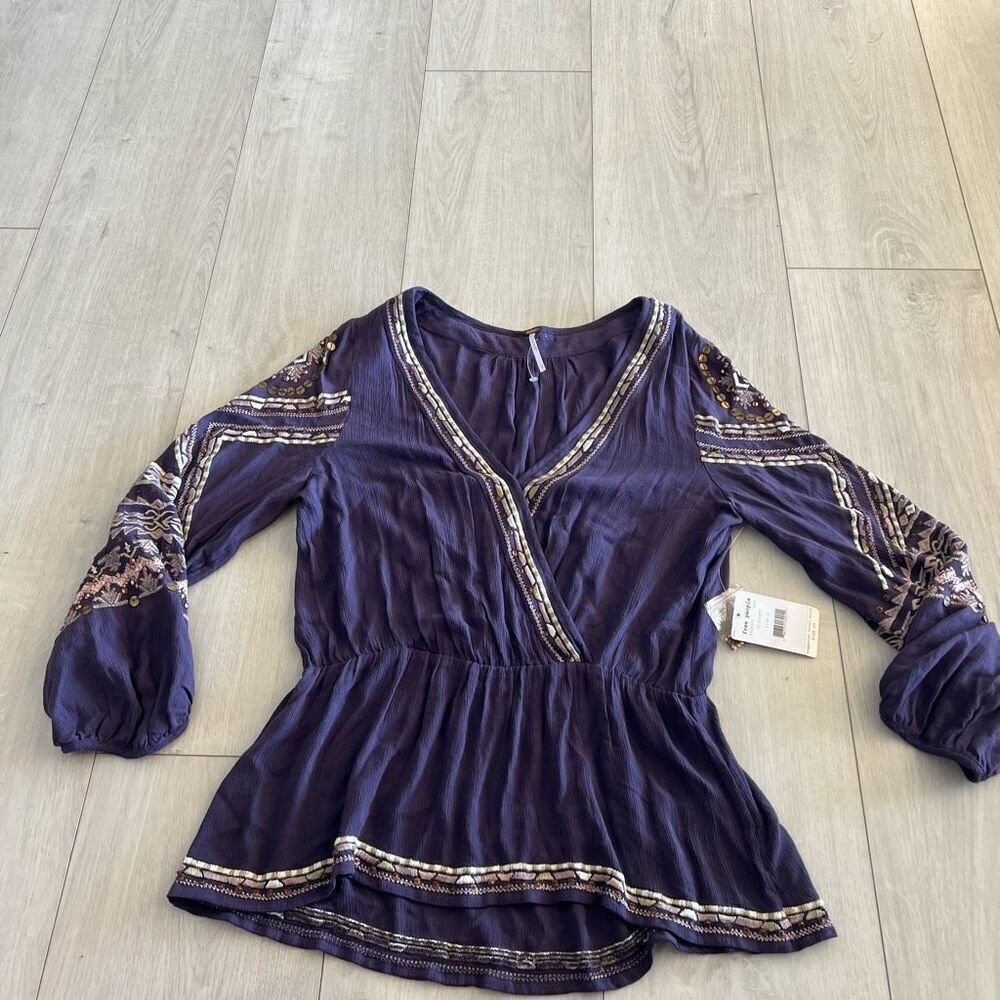 Free People Top Sz L Purple Embroidered Sequins Puff Sleeves Bohemian Relaxed
